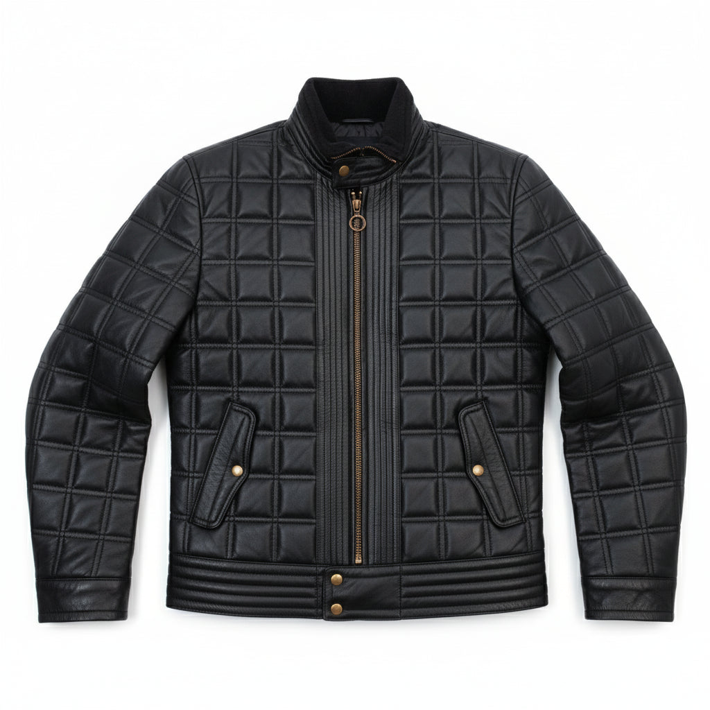 close-up-lay-flat - Men Black Lamb Skin Quilted leather Jacket, Men black quilted biker jacket