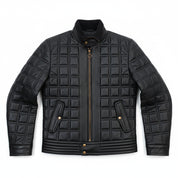 close-up-lay-flat - Men Black Lamb Skin Quilted leather Jacket, Men black quilted biker jacket