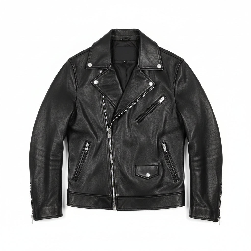 close-up-lay-flat - Men Black Leather Biker Jacket, Mens wide collar jacket , Mens Jackets