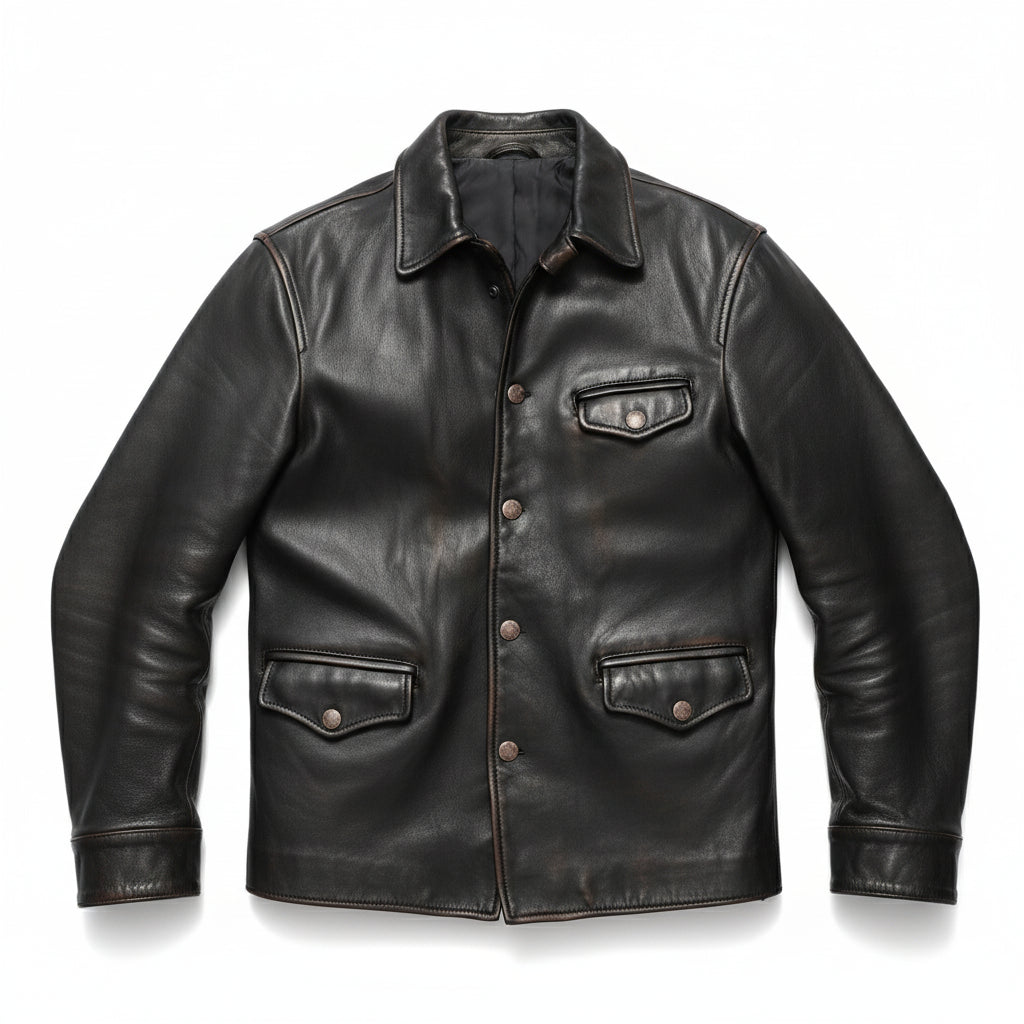 close-up-lay-flat - Men Black Leather Coat Jacket, Winter Men Fashion Leather Apparel, Bikers