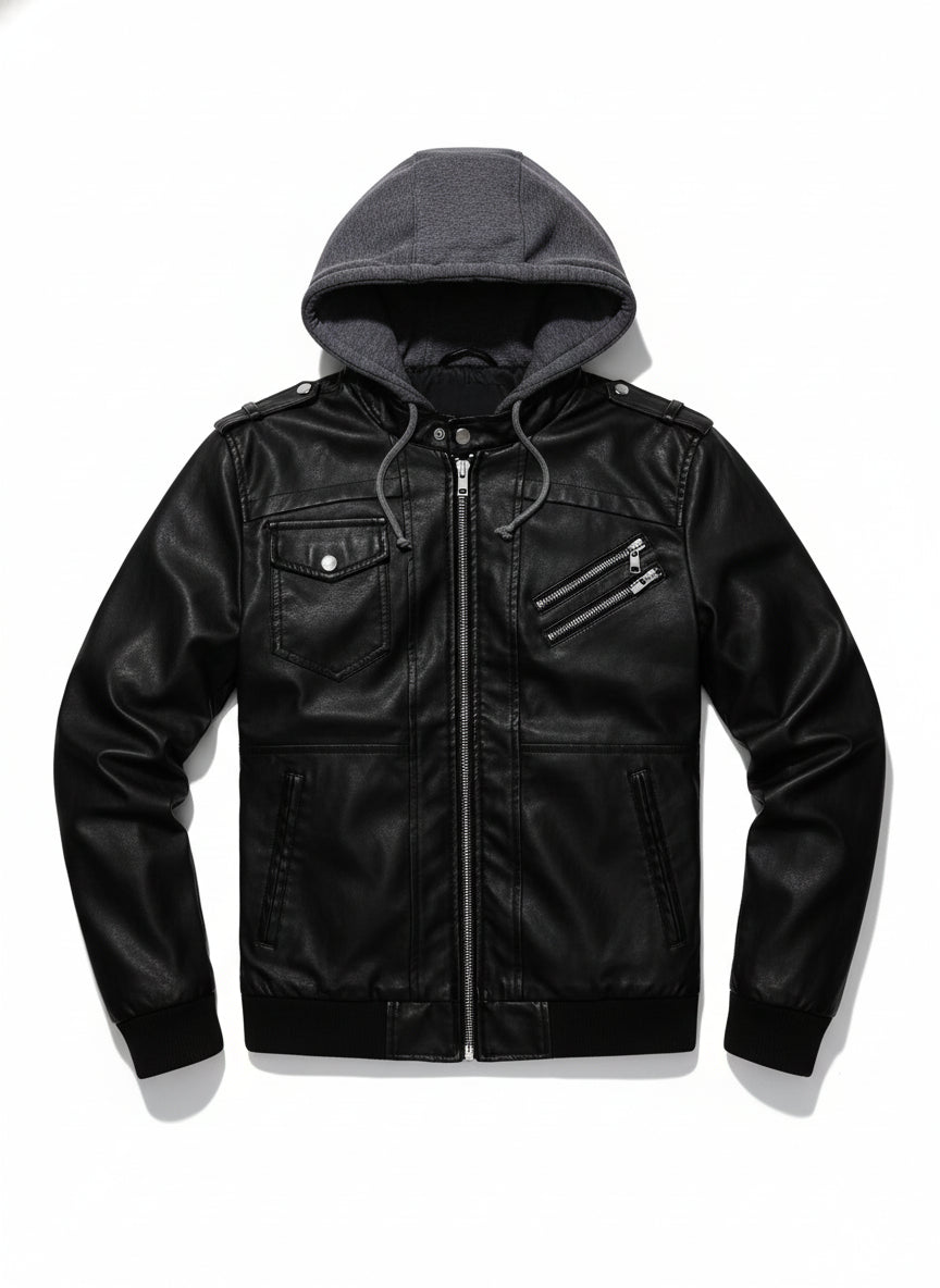 close-up-lay-flat - Men Black Leather Fashion Jacket with Hoodie, Bomber Style hooded Jacket