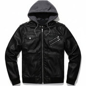 close-up-lay-flat - Men Black Leather Fashion Jacket with Hoodie, Bomber Style hooded Jacket