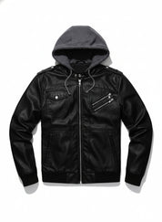close-up-lay-flat - Men Black Leather Fashion Jacket with Hoodie, Bomber Style hooded Jacket