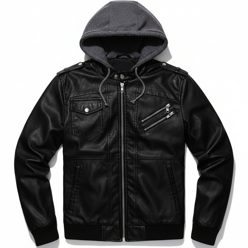 close-up-lay-flat - Men Black Leather Fashion Jacket with Hoodie, Bomber Style hooded Jacket