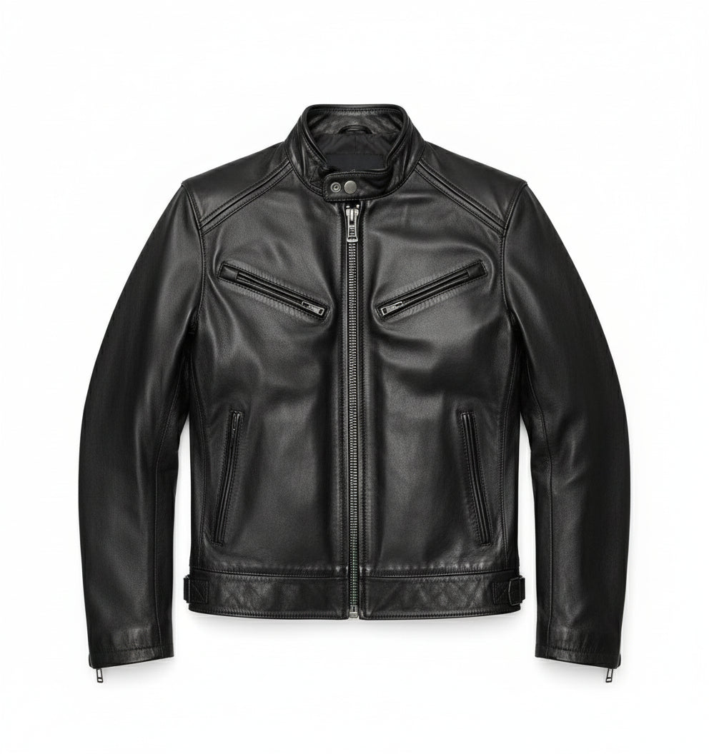 close-up-lay-flat - Men black Leather Motorcycle Jacket, Black biker leather Jacket