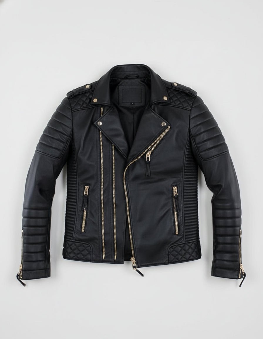 close-up-lay-flat - Men Black Leather Motorcycle Jacket, Winter Fashion Leather Jacket for men