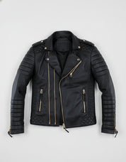 close-up-lay-flat - Men Black Leather Motorcycle Jacket, Winter Fashion Leather Jacket for men