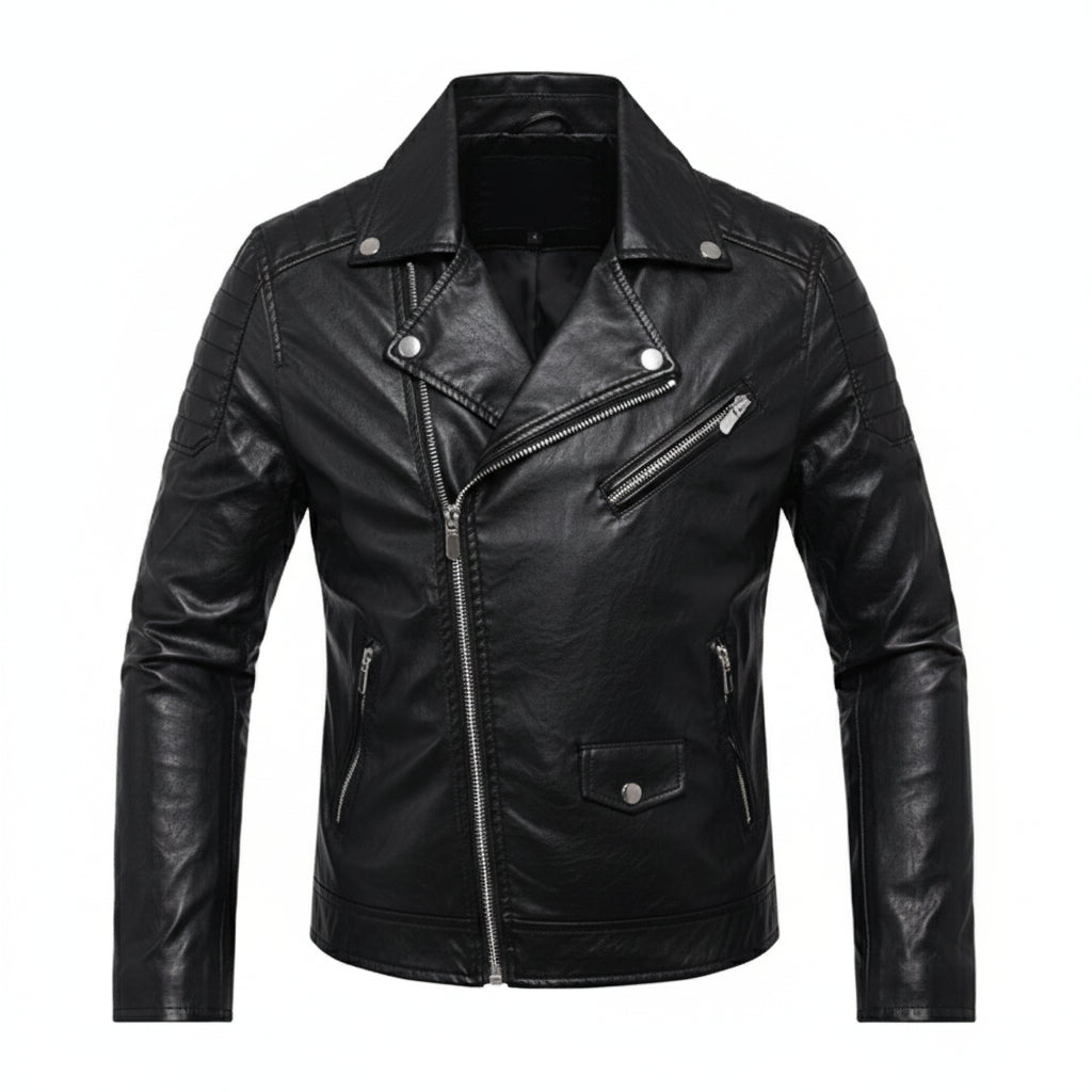 close-up-lay-flat - Men Black Leather Slim fit Biker Jacket, Men Leather Outerwear for Racers