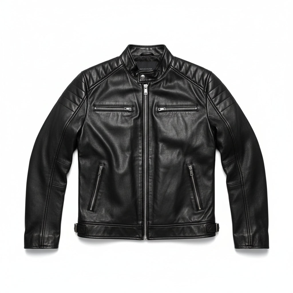 close-up-lay-flat - Men Black leather slimfit jacket, Men biker jacket, leather jacket men