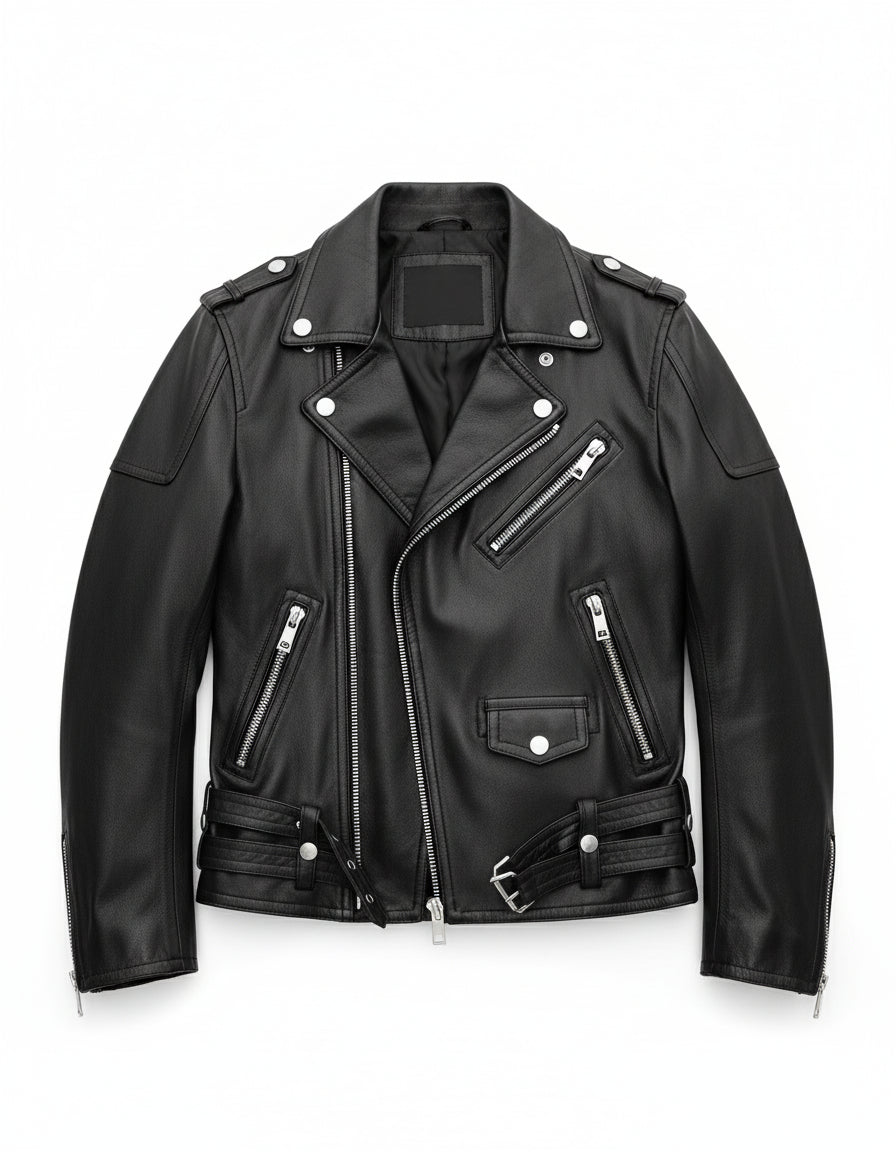 close-up-lay-flat - Men Black multi pocktes biker leather jacket, Black motorcycle jacket