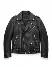 close-up-lay-flat - Men Black multi pocktes biker leather jacket, Black motorcycle jacket