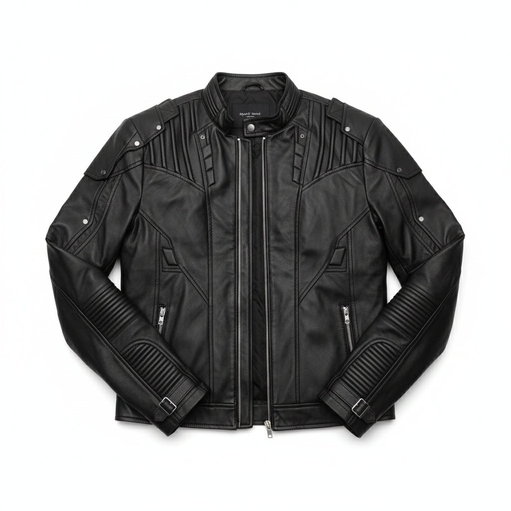 close-up-lay-flat - Men black sheep leather bomber leather jacket, Men black biker jacket