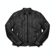 close-up-lay-flat - Men black sheep leather bomber leather jacket, Men black biker jacket
