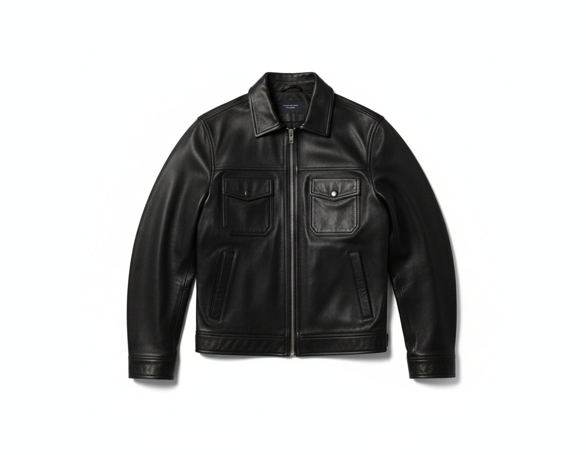 close-up-lay-flat - Men black sheep leather Jacket, Men motorcycle jacket, biker jacket for men