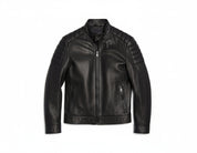 close-up-lay-flat - Men black sheep leather Jacket, Stand collar motorcycle jacket