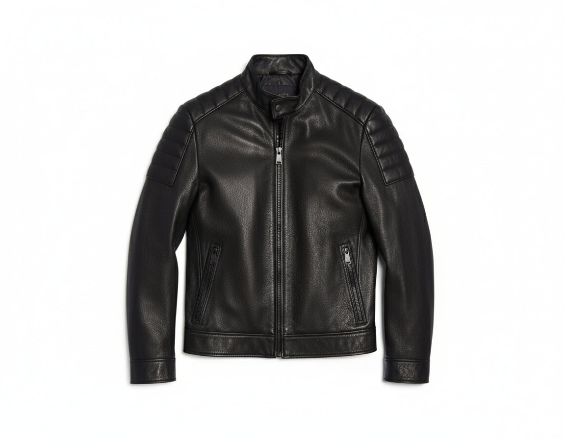 close-up-lay-flat - Men black sheep leather Jacket, Stand collar motorcycle jacket
