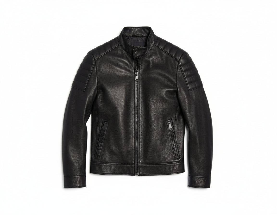 close-up-lay-flat - Men black sheep leather Jacket, Stand collar motorcycle jacket