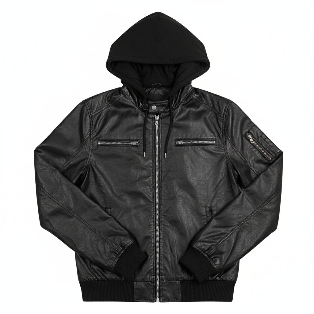 close-up-lay-flat - Men Black Slim Fit Fabric Hooded Jacket, Leather Hooded Jacket, Hoodies