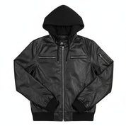 close-up-lay-flat - Men Black Slim Fit Fabric Hooded Jacket, Leather Hooded Jacket, Hoodies