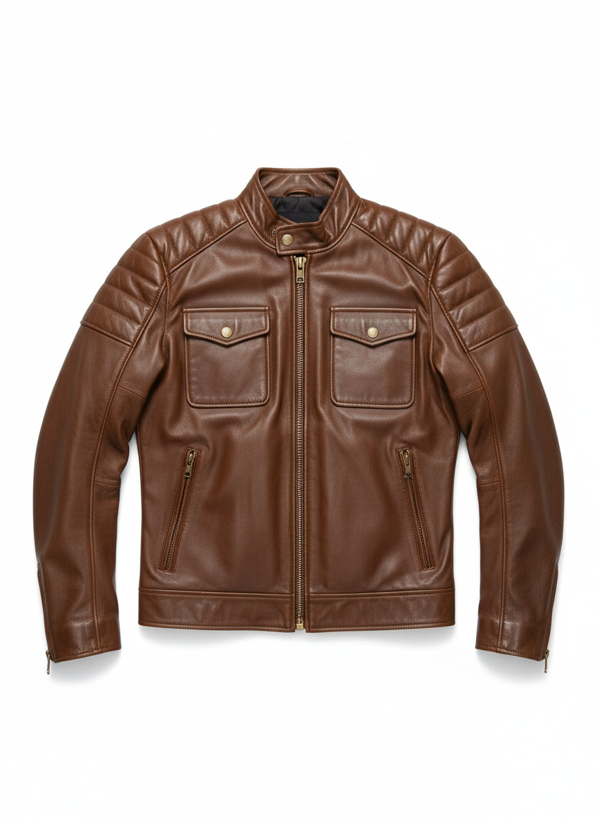 close-up-lay-flat - Men Brown Real Leather motocycle Jacket, Men Antique Brown Biker Jacket