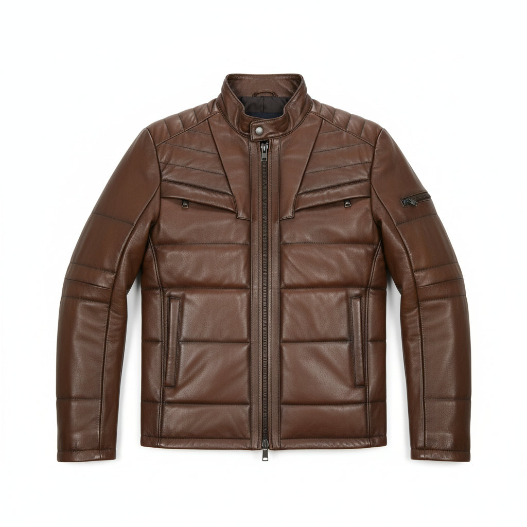 close-up-lay-flat - Men brown real leather quilted jacket, Men antique brown biker jacket