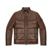 close-up-lay-flat - Men brown real leather quilted jacket, Men antique brown biker jacket
