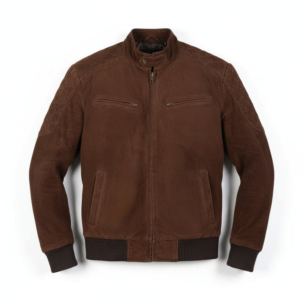 close-up-lay-flat - Men Brown suede slim fit jacket, Men brown suede biker jacket