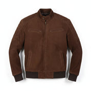 close-up-lay-flat - Men Brown suede slim fit jacket, Men brown suede biker jacket