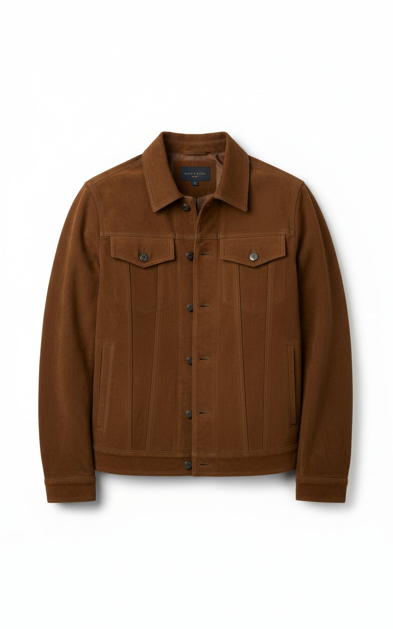 close-up-lay-flat - Men brown suede trucker jacket, Men trucker suede shirt collared jacket