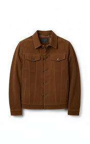 close-up-lay-flat - Men brown suede trucker jacket, Men trucker suede shirt collared jacket