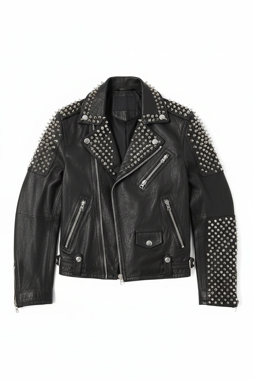 close-up-lay-flat - Men Casual Black Silver Studded Rocker Punk Style Biker Leather Jacket
