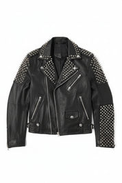 close-up-lay-flat - Men Casual Black Silver Studded Rocker Punk Style Biker Leather Jacket