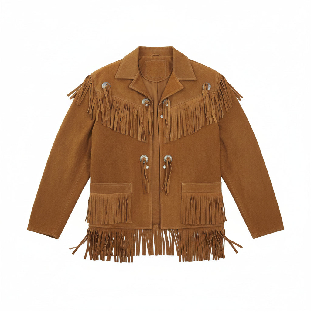 close-up-lay-flat - Men Cowboy Genuine Suede Western Jacket, Cowboy Leather Jacket With Fringe