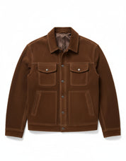 close-up-lay-flat - Men dark brown suede trucker jacket, Brown trucker suede jacket