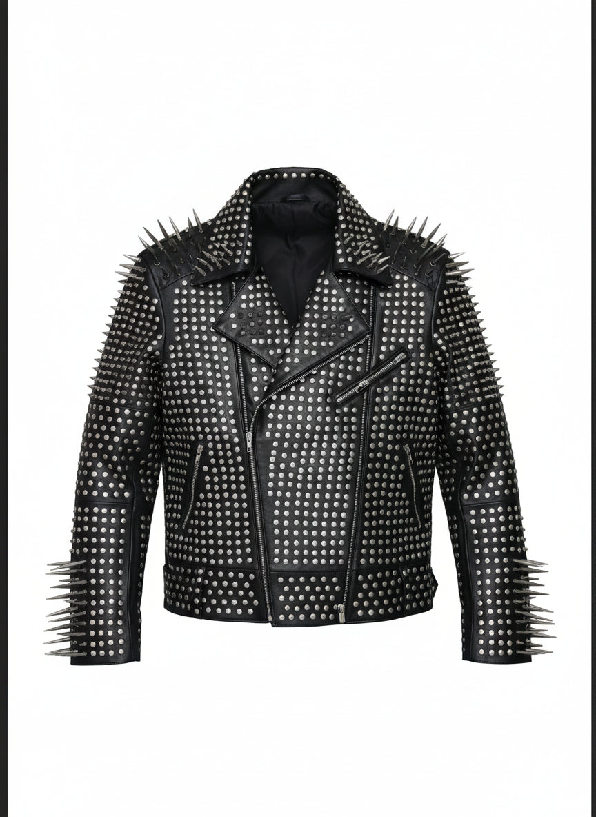 close-up-lay-flat - Men Full Black Punk Silver Long Spiked Studded Leather Brando Biker Jacket