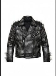 close-up-lay-flat - Men Full Black Punk Silver Long Spiked Studded Leather Brando Biker Jacket
