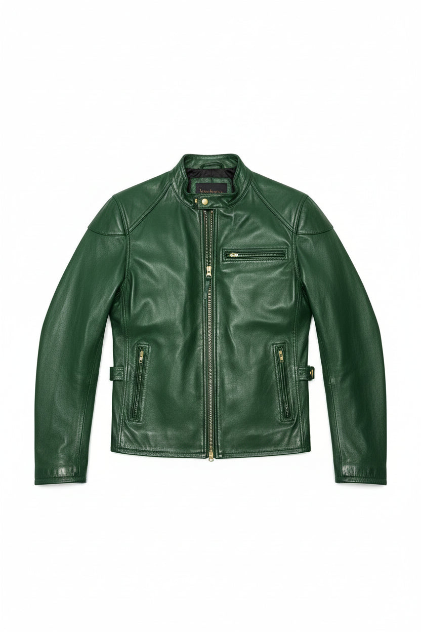 close-up-lay-flat - Men Green leather slim fit jacket, Men biker jacket, Motorcycle jacket men