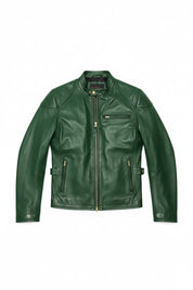 close-up-lay-flat - Men Green leather slim fit jacket, Men biker jacket, Motorcycle jacket men