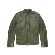 close-up-lay-flat - Men Green Slim fit leather jacket, real leather biker jacket
