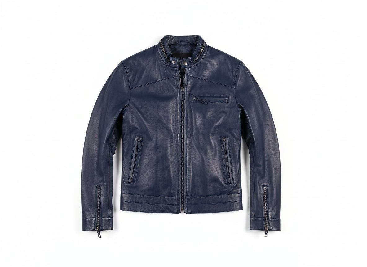 close-up-lay-flat - Men Navy blue biker leather Jacket, Blue motorcycle jacket, jacket for men