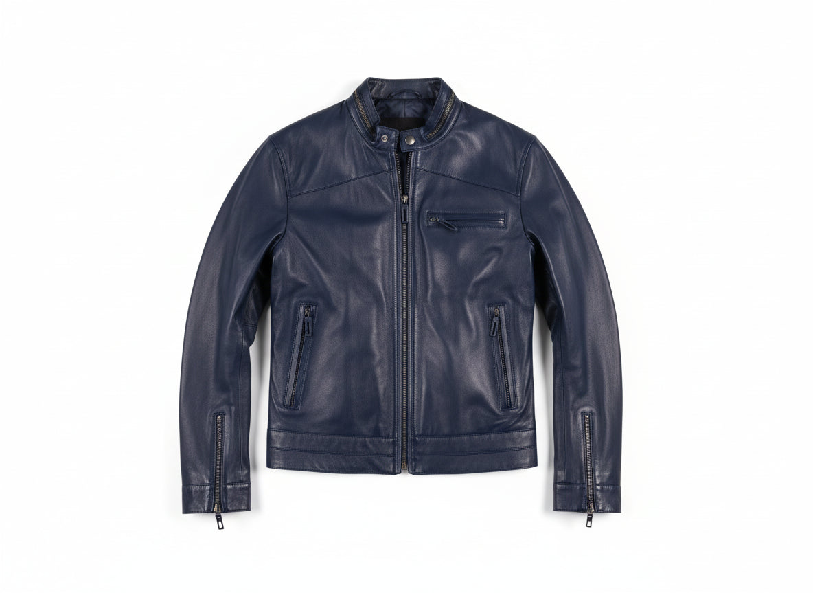 close-up-lay-flat - Men Navy blue biker leather Jacket, Blue motorcycle jacket, jacket for men