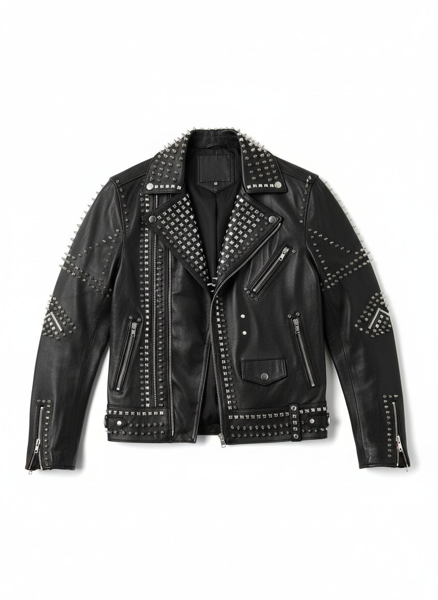 close-up-lay-flat - Men Punk Black Embroidered Jacket. Men Leather Rock Studded Spiked Jacket