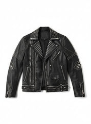close-up-lay-flat - Men Punk Black Embroidered Jacket. Men Leather Rock Studded Spiked Jacket