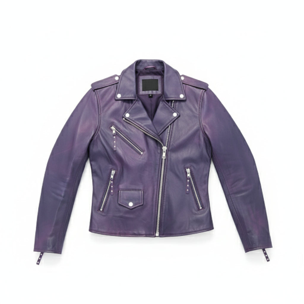 close-up-lay-flat - Men Purple Leather Fashion Jacket, Purple Leather Biker Jacket