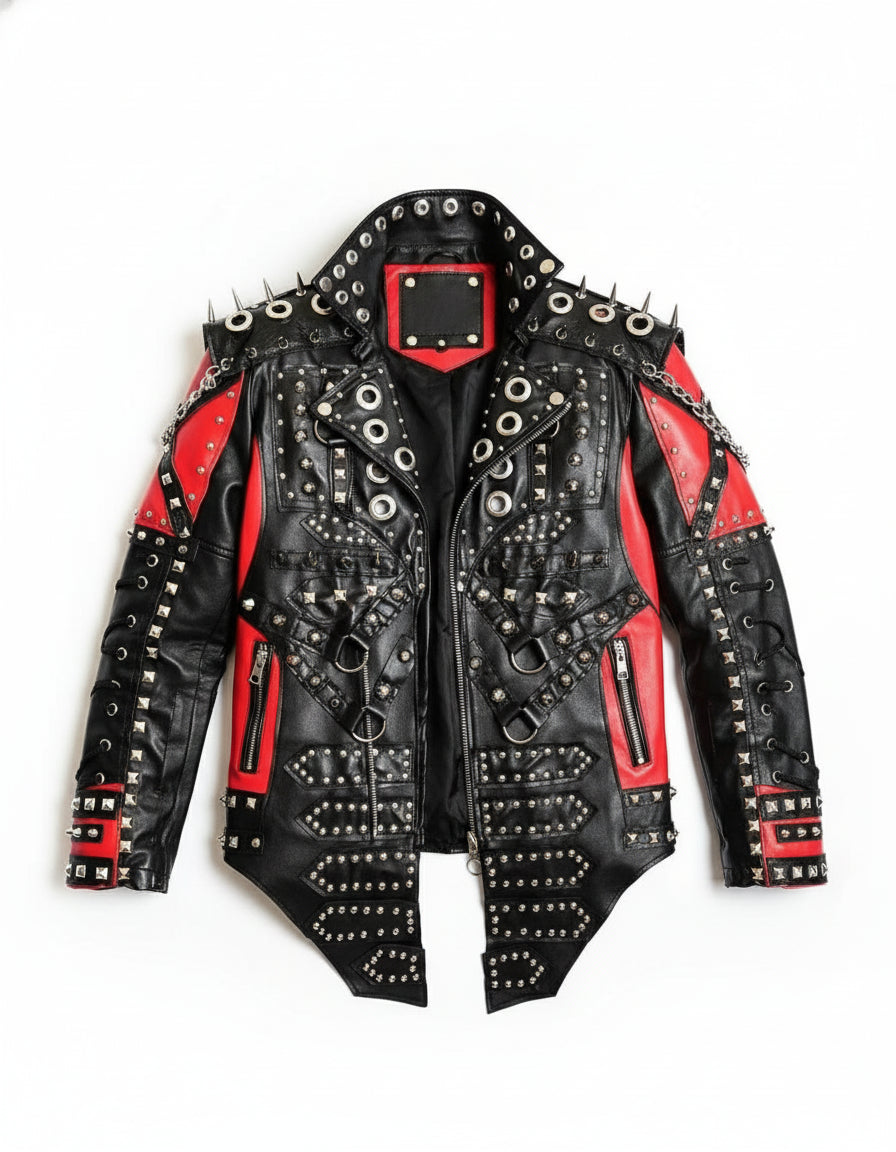 close-up-lay-flat - Men Red and Black Gothic studded leather jacket, Men studded jacket