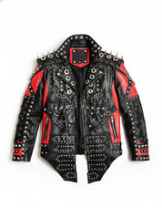 close-up-lay-flat - Men Red and Black Gothic studded leather jacket, Men studded jacket