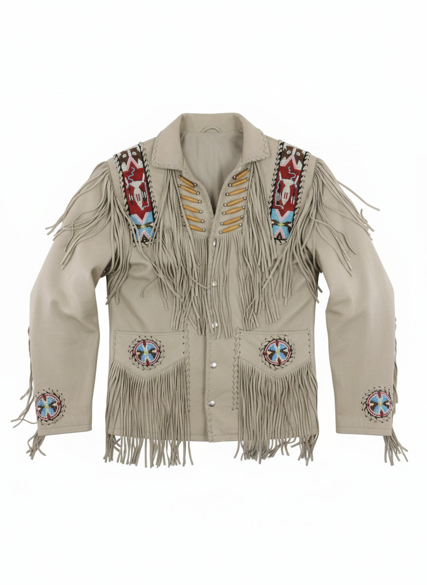 close-up-lay-flat - Men Sculley Beige Finished Cow Suede Leather Jacket Western Wear Beads & Fringe