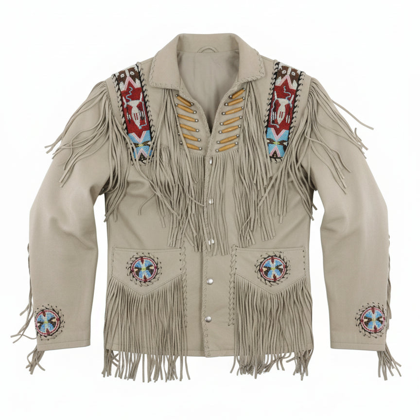 close-up-lay-flat - Men Sculley Beige Finished Cow Suede Leather Jacket Western Wear Beads & Fringe