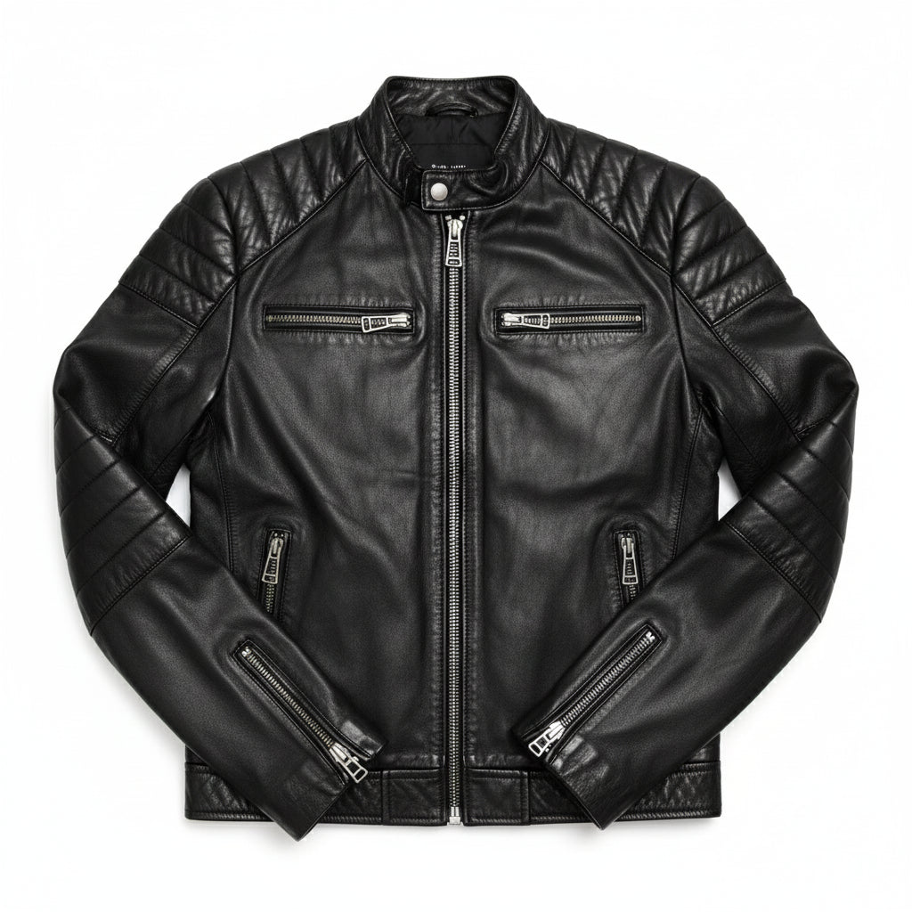 close-up-lay-flat - Men Slim Fit Black Sheep Leather Biker Jacket, Men Premium Leather Motorcycle Jacket