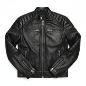 close-up-lay-flat - Men Slim Fit Black Sheep Leather Biker Jacket, Men Premium Leather Motorcycle Jacket